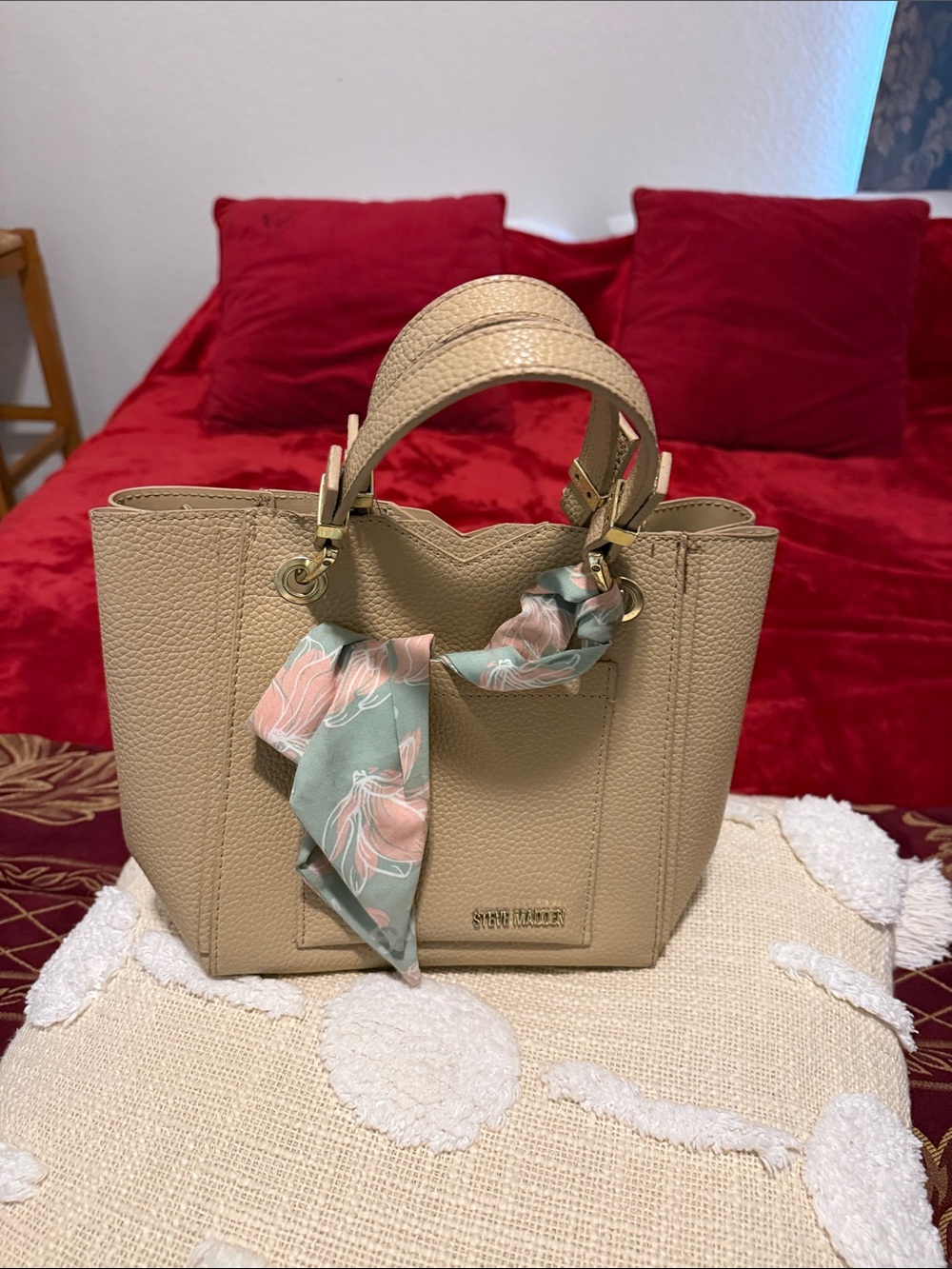 Steve Madden Beige Pebbled Leather Tote with Floral Scarf